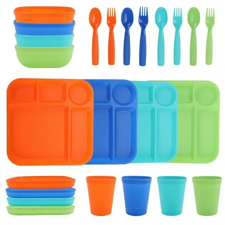 Your Zone 24-Piece Plastic Kids Dinnerware Set with 4 Trays, Bowls, Plates, Cups, Forks, Spoons in Orange, Blue, Aqua, Green | Walmart (US)