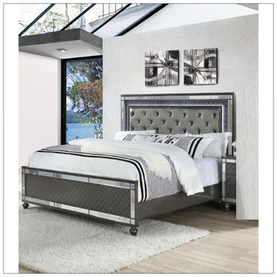 Modern Glam Style Upholstered Headboard Button Tufting Glass Inlay 1Pc King Size Panel LED Lights Bed Gray Faux Leather Finish Solid Wood Wooden Bedr | Wayfair North America