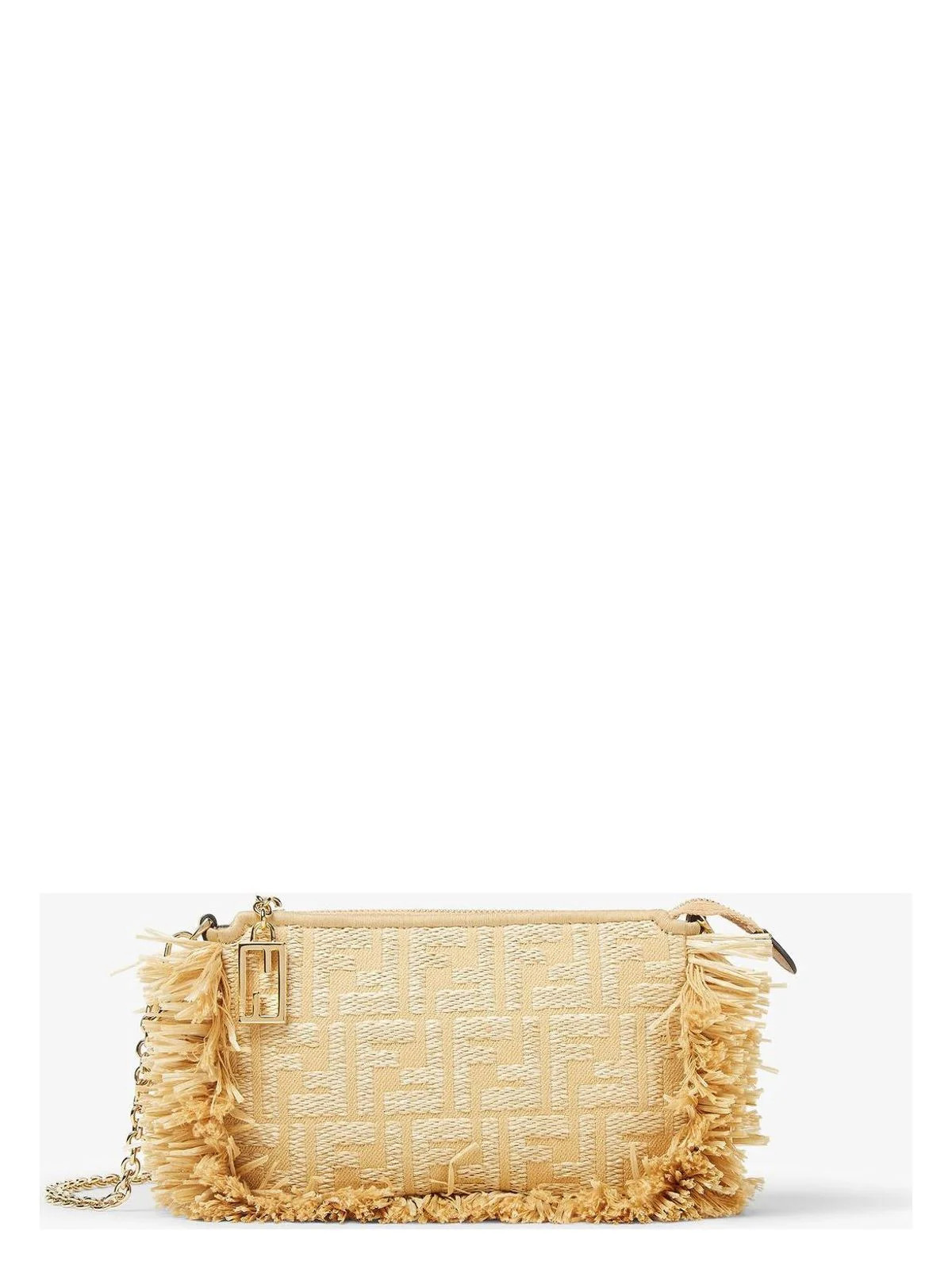 Fendi Women's Jacquard Fabric Chain Pouch Baguette With Raffia Ff in Beige | 8BS073AV23 | LOZURI