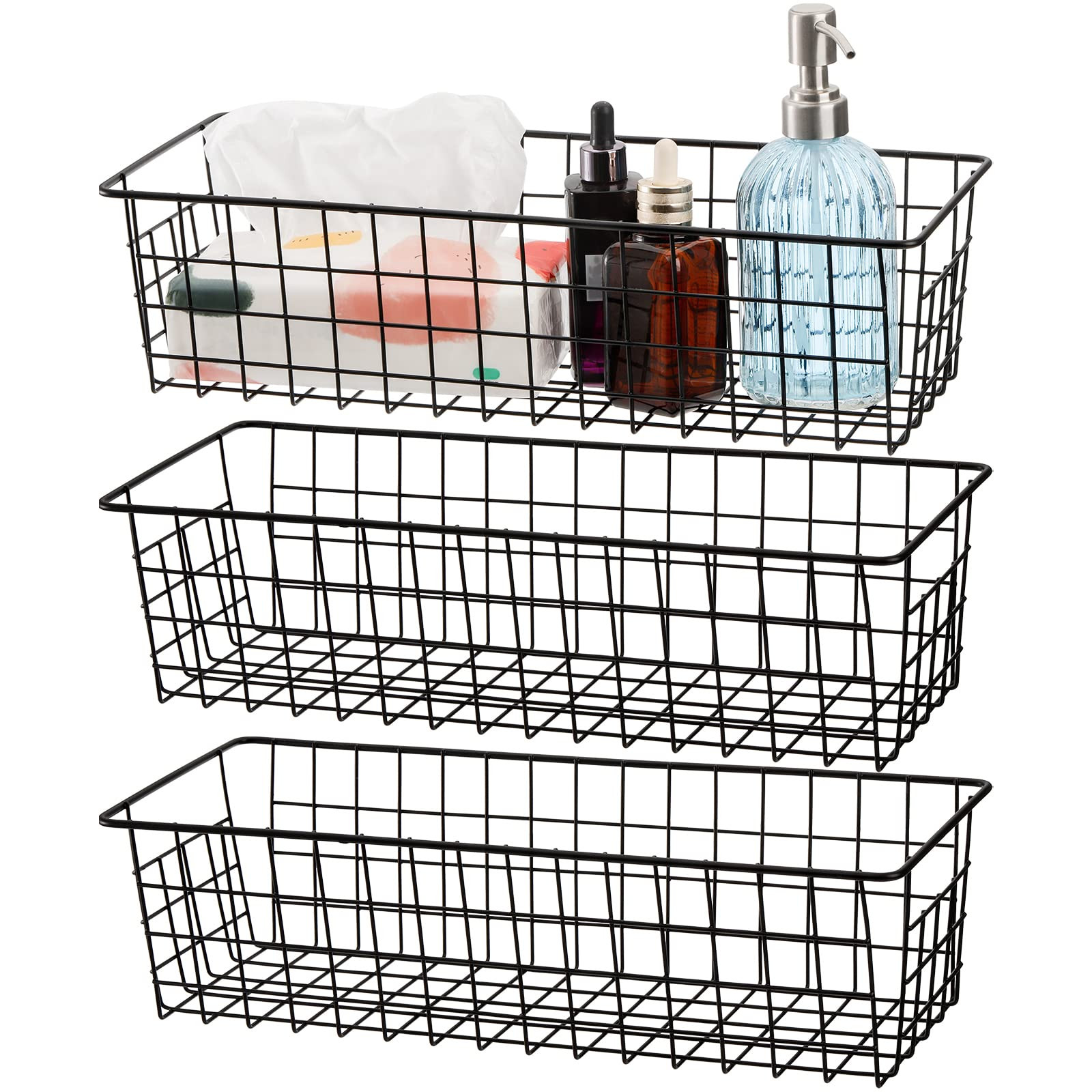 Hedume 3 Pack Metal Wire Storage Organizer Basket, 16.2" x 6.3" x 4.4" Bin Basket with Handles, V... | Amazon (US)