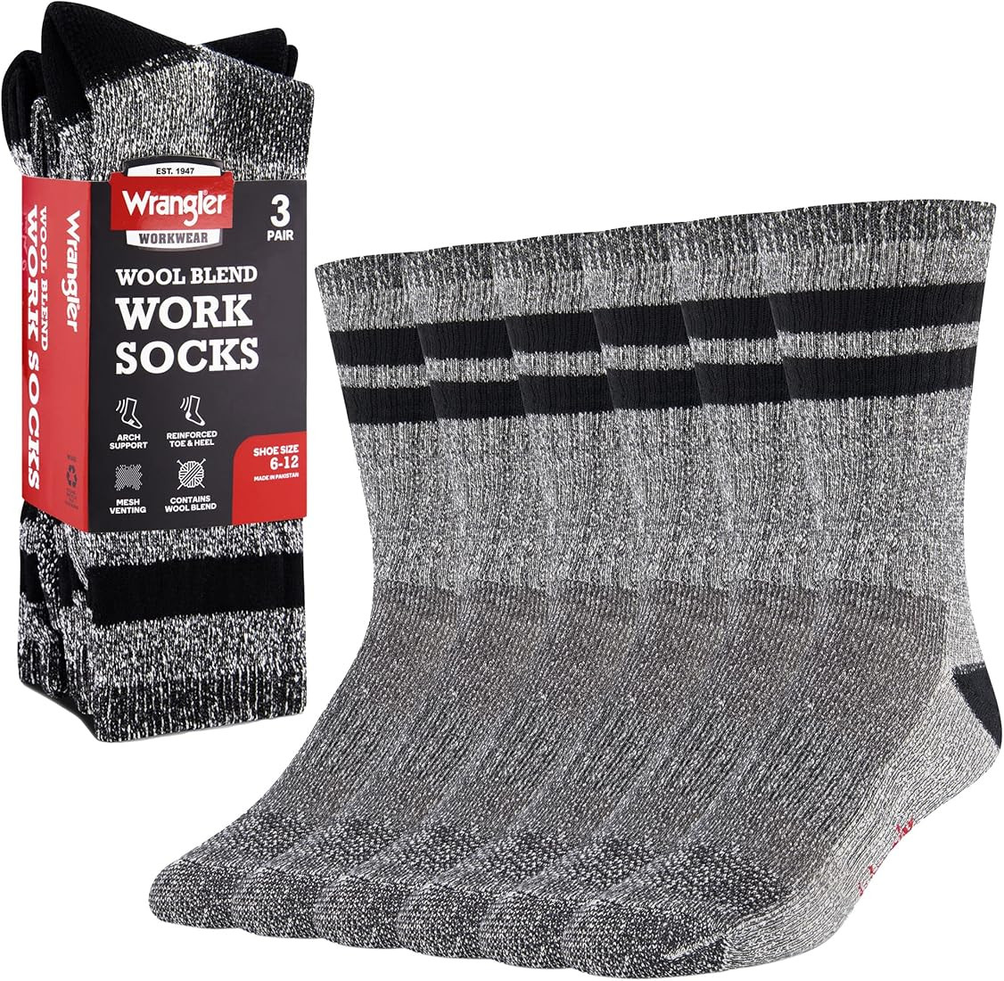 Wrangler Men's Blended Wool Work Socks - Crew Socks for Hiking, Boots, & All-Weather Wear with Ar... | Amazon (US)