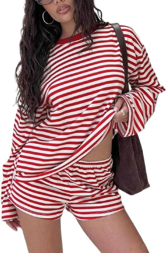 ROAONOCOMO Women Y2K Striped Lounge Set Long Sleeve Oversized Sweatshirt Shorts Color Block 2 Pie... | Amazon (US)