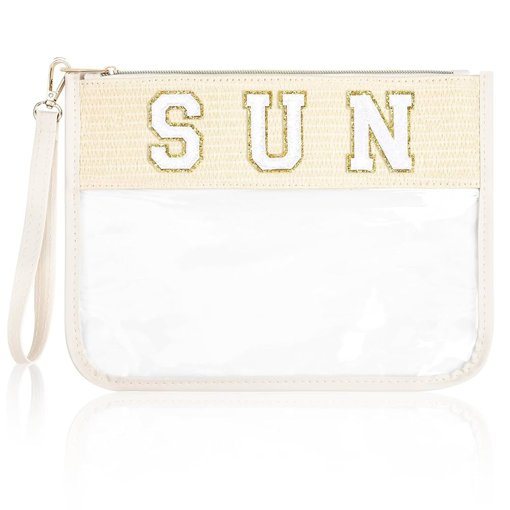 SUN Bag Sunscreen Makeup Bag Chenille Letter Pouch Clear Travel Zipper Nylon Cosmetic SUN Pouch O... | Amazon (US)