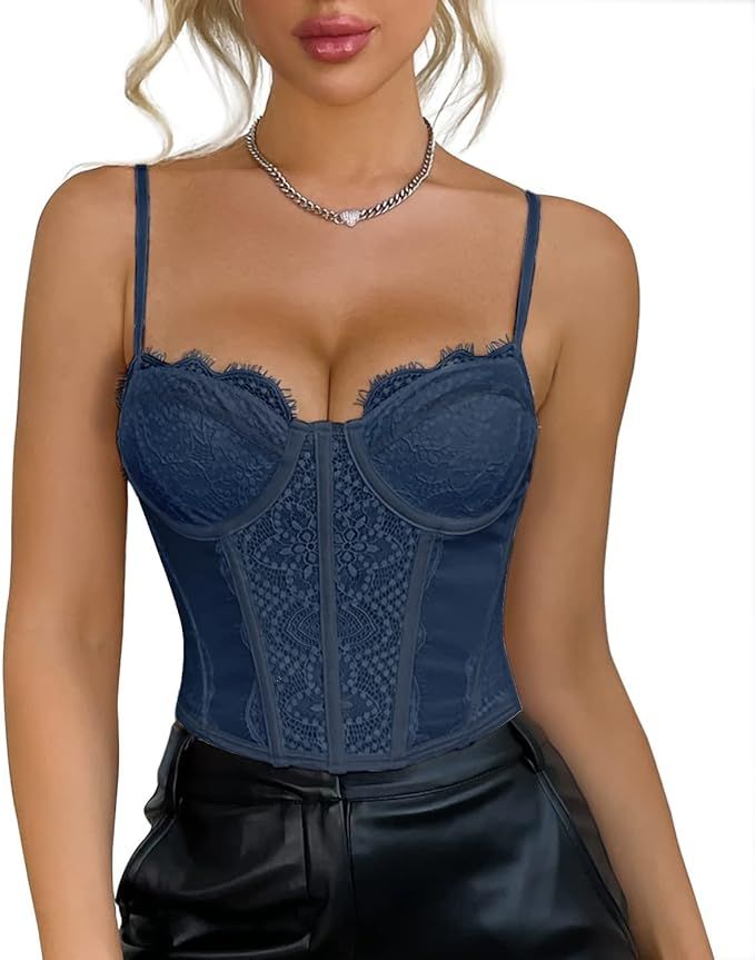 Women's Lace Mesh Bustier Fish Boned Sheer Spaghetti Straps Going Out Corset Crop Top with Underw... | Amazon (US)