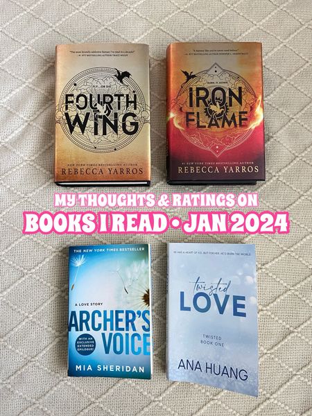 my ratings and thoughts on the books i read this month! 📚✨💕

* fourth wing: 4.5 ⭐️ loved this book as a whole, however, felt like it lacked descriptiveness in regards to the world-building and didn’t feel like i learned enough about xaden. the character development and personal growth of violet was inspiring to read. overall, the book was action-packed, suspenseful, emotionally moving, had some spice, wasn’t boring, was fast-paced, easy to read, and ended with a plot twist of a cliffhanger. 

* iron flame: 5 ⭐️ what i was missing in book one was delivered on a hot platter in book two regarding xaden. i liked getting to know more about his character. this book was also action-packed, suspenseful, emotionally moving, had some spice, wasn’t boring, was fast-paced, easy to read, and ended with yet another plot twist of a cliffhanger. {i cannot wait for book three!!} 

* archer’s voice: 5 ⭐️ this book was the sweetest yet most heartbreaking love story i’ve read to date. i felt connected to the characters, there were several twists and turns in the storyline that i didn’t see coming, it was emotional, fast-paced, easy to read, and gave me perspective on a type of love that’s so beautiful and special.

* twisted love: 3.5 ⭐️ overall this book was okay. it was easy-read, fast-paced, had a plot twist or two in there, but i didn’t feel connected to the main characters and wasn’t particularly swooning over of their romantic storyline either. i am however interested in reading book two of the series as it revolves around two different characters briefly featured in this book. 

🏷️: book talk, books of tiktok, viral books, books round up, books this month, what i read, romance novels, romance books, fantasy novels, fantasy books, romance fantasy books, fiction books 

#LTKhome #LTKMostLoved #LTKfindsunder50