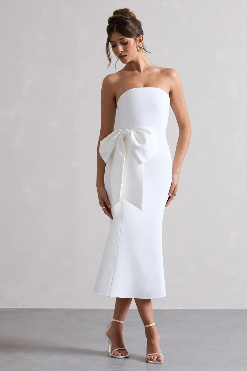 To Me | White Bandeau Midi Dress With Oversized Bow | Club L London