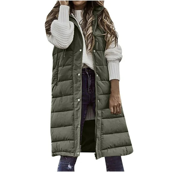 WREESH Womens Long Puffer Vest Sleeveless Hooded Puffy Jackets Winter Warm Padded Down Jacket Out... | Walmart (US)