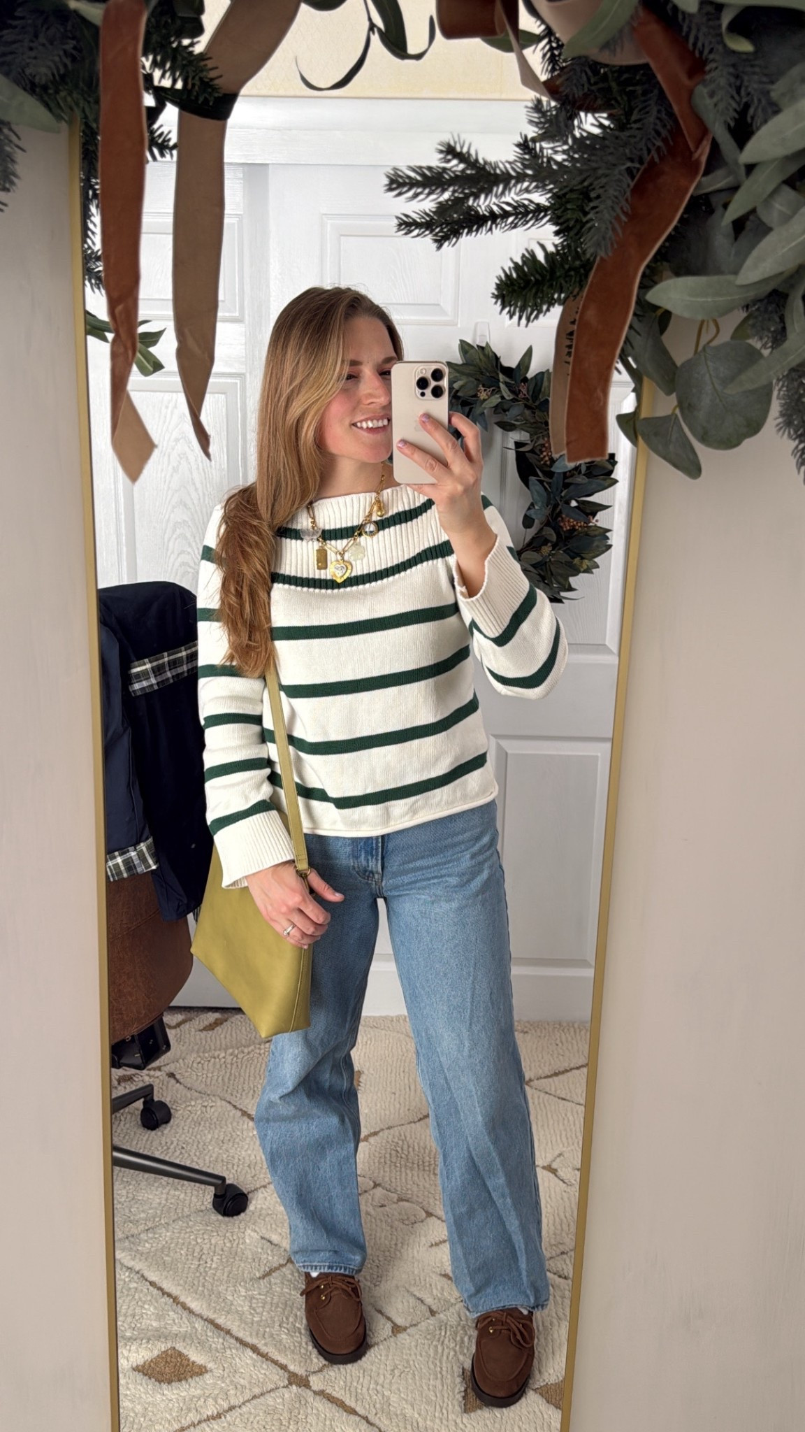 St Patrick’s day, green bag, wear green, striped sweater, loafers, suede boat shoes, charm necklace 

#LTKSeasonal