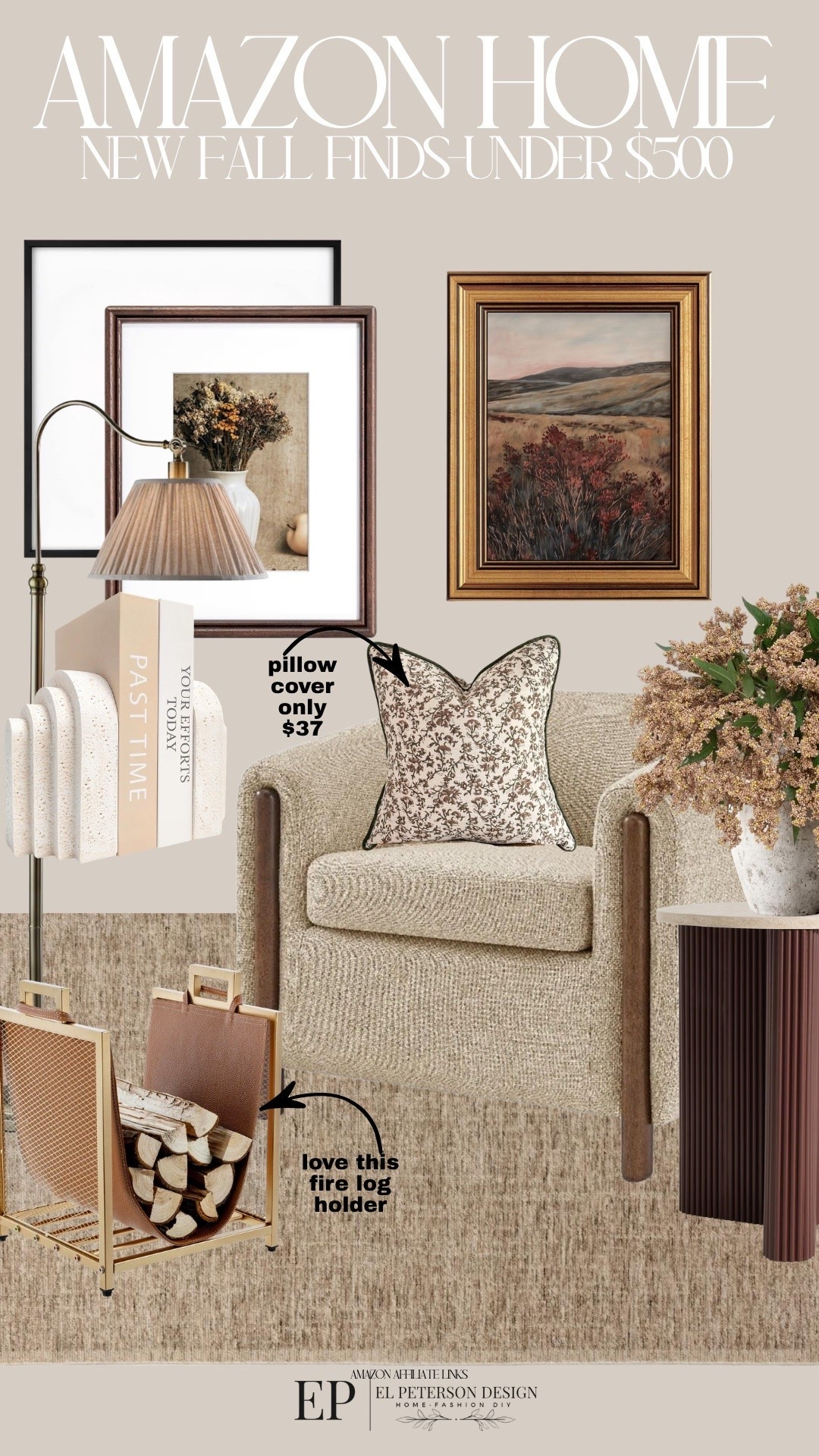 Amazon
Artwork
Picture frames
Accent chairs
Wood log holder
Pillow
Stems
Bookends
Floor lamp

#LTKHome