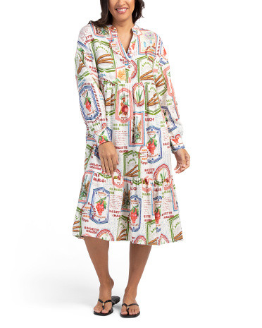 Linen Blend Tile Print Long Sleeve Dress With Pockets | TJ Maxx