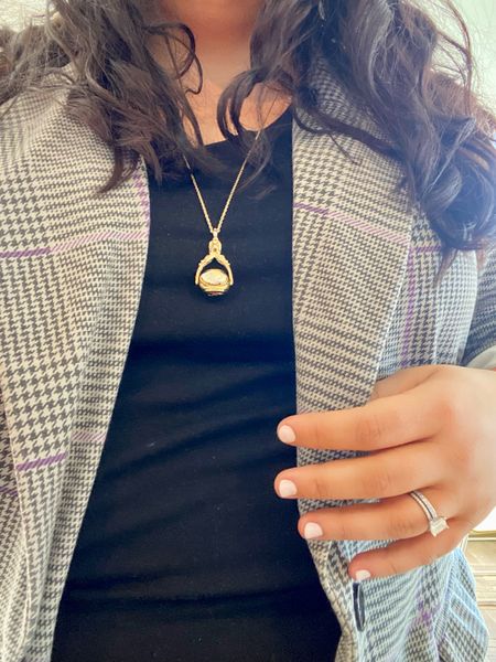 Houndstooth checkered black and white blazer, paired with a basic black t shirt top and a long 1928 charm gold necklace. On my hand I’m wearing light pink nail polish and an emerald cut diamond ring. Fall outfit. Work office outfit. 

#LTKstyletip #LTKSale #LTKworkwear