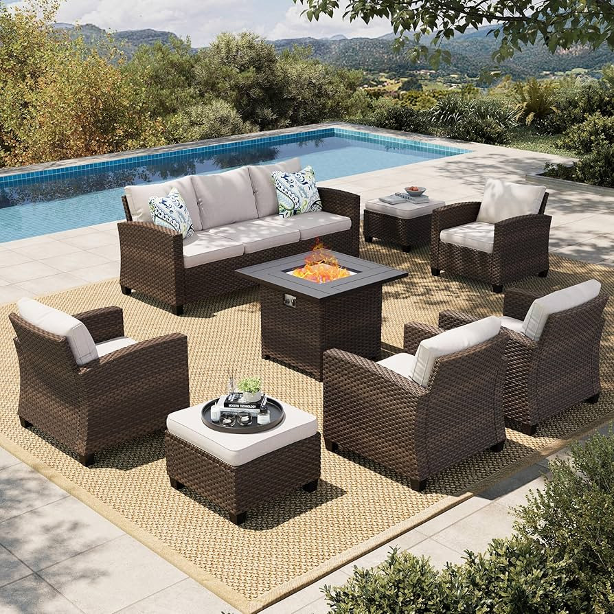 HERA'S HOUSE 8 Pieces Wicker Patio Furniture Set with Fire Pit Table, 4 x Single Chair, 2 x Ottom... | Amazon (US)