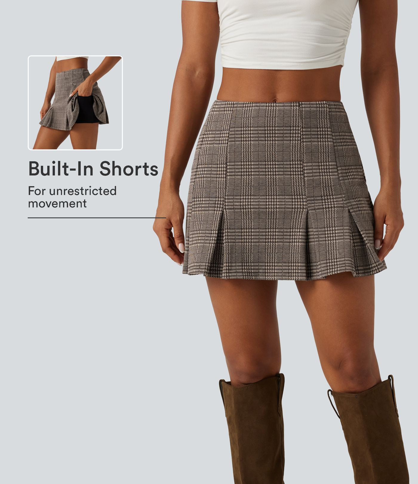 High Waisted 2-in-1 Pleated A Line Houndstooth Plaid Mini Work Skirt with Pockets | Halara UK