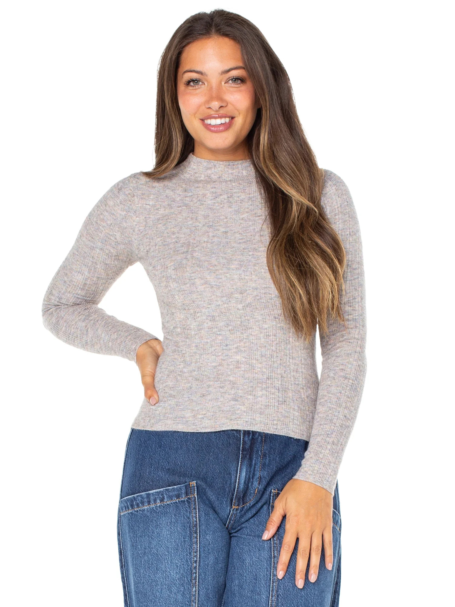 Celebrity Pink Women's Long Sleeve Mock Neck Rib Top, Sizes XS-XXXL - Walmart.com | Walmart (US)