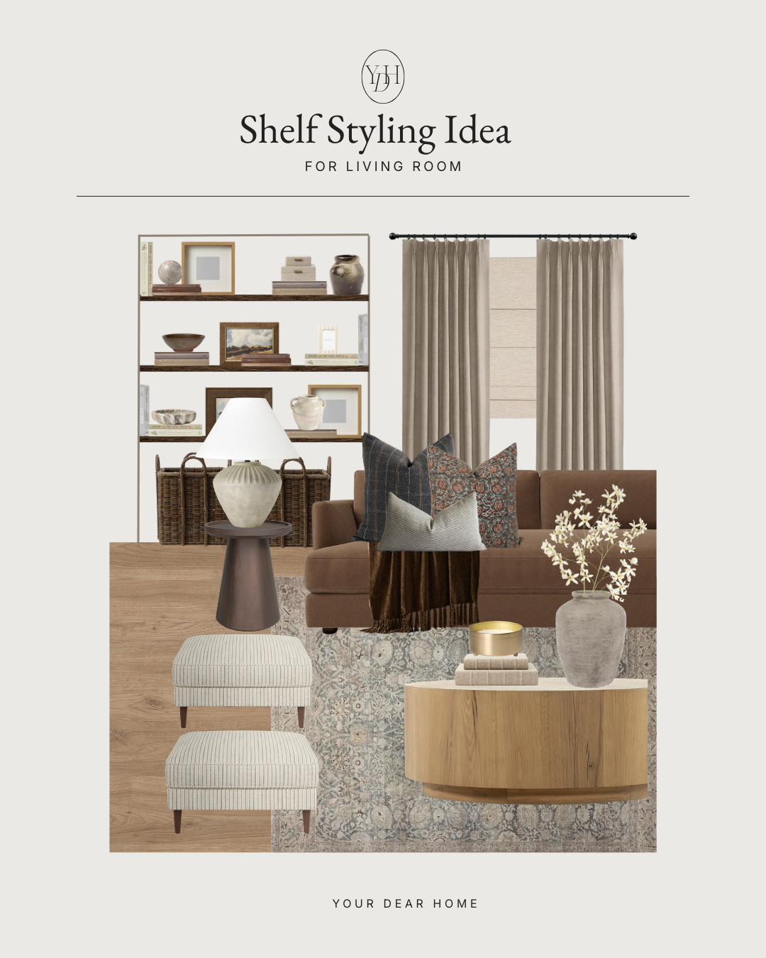 Living room shelves look best when they feel layered, warm, and a little collected over time. Mixing books, framed art, baskets, organic vases, and soft textures keeps the styling balanced without feeling overly perfect. 

 #LTKHome
