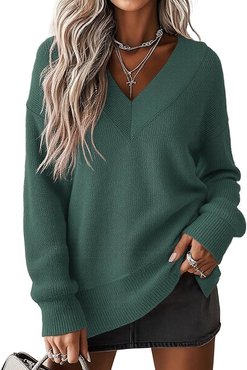Jouica Women's Sweaters V Neck Pullover Sweater Side Slit Long Sleeve Knit Spring Tops Trendy Out... | Amazon (US)