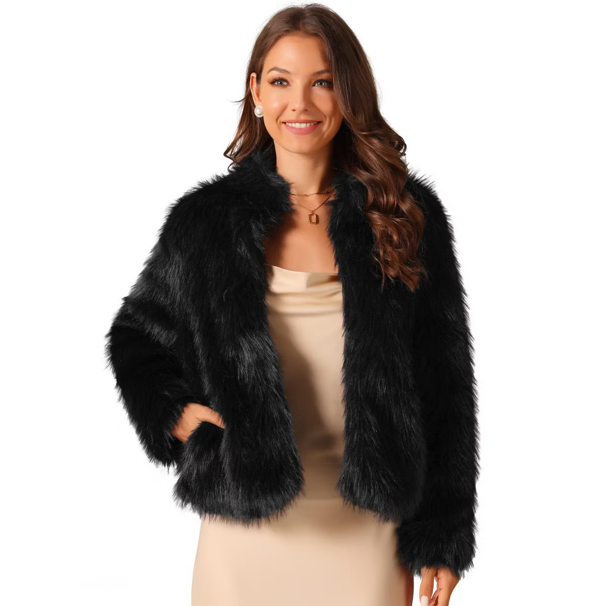 Seta T Women's Fleece Cropped Faux Fur Long Sleeve Pockets Shaggy Warm Winter Jacket | Target