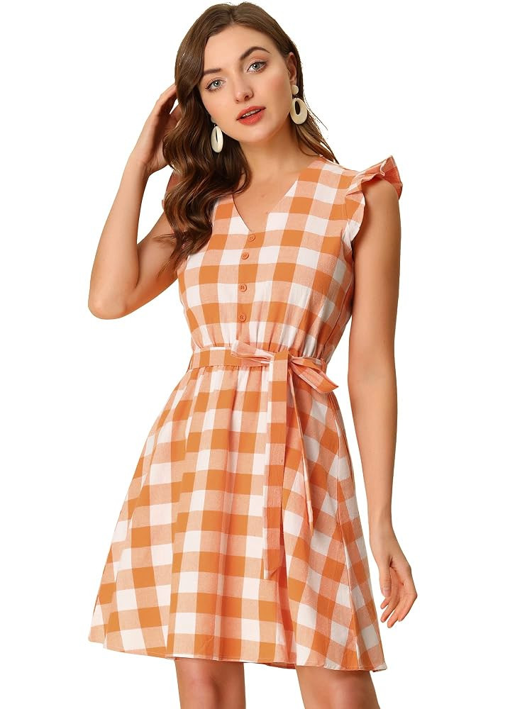 Allegra K Women's Ruffled Sleeve Belted Vintage Check Plaid Casual Summer Dress | Amazon (US)