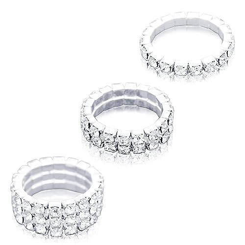 HUASAI Silver Rings for Women Rhinestone Stretch Rings for Women Stackable Crystal Finger RIngs Set Sparkly Zircon Band Rings Thumb Pinky Rings Elastic Band Knuckle Rings for Birthday Gifts(3Pcs) | Amazon (US)