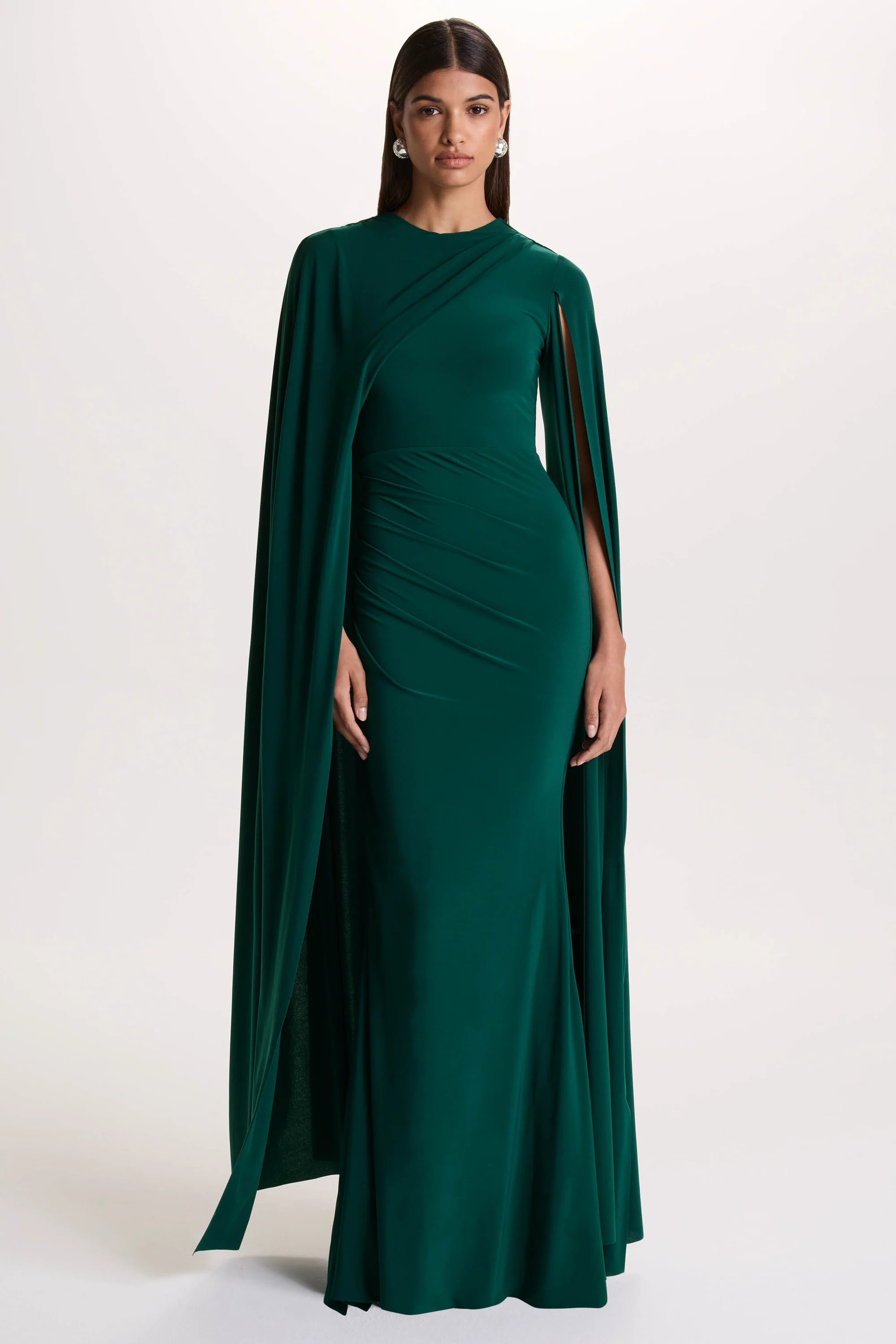 Magdelena  Bottle Green Asymmetric Cape Maxi Dress | Club L London