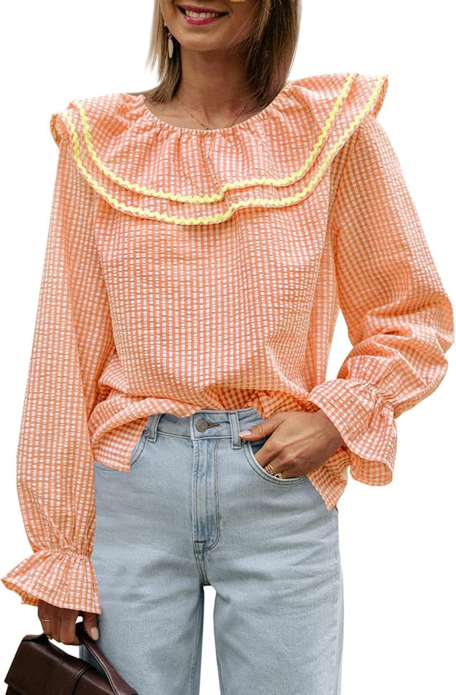 Tankaneo Womens Long Sleeve Blouses Tops Gingham Babydoll Ruffle Crew Neck Color Block Cotton Shi... | Amazon (US)