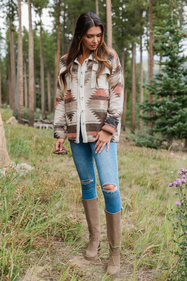 Venture Out Brown Fuzzy Southwestern Shacket | Pink Lily