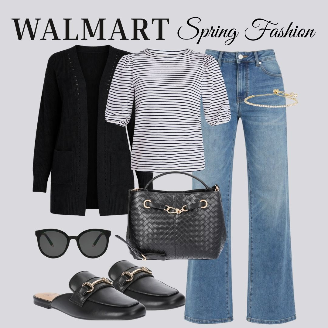 Classic spring style from Walmart that always works. A striped top layered with a black cardigan and straight-leg jeans is simple, polished, and easy to wear. Finished with loafers and a woven bag for a timeless look.


// Walmart, Walmart Finds, Walmart Fashion, Walmart Fashion Spring, Walmart Spring, Walmart Outfits, Walmart Womens Fashion, Crewneck Tee, Cardigan Sweater, Wide Leg Jeans, Slip On Mule, Tennis Bracelet, Handbag, Womens Sunglasses 

 #LTKgrwm #LTKootd #LTKSeasonal