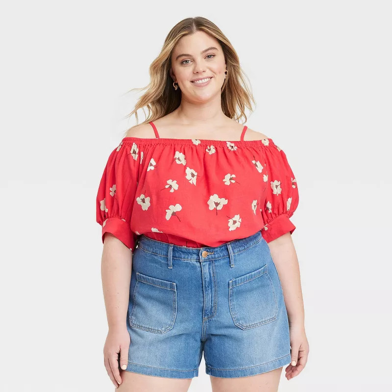 Women's Puff Sleeve Linen Blouse - Universal Thread Red Floral | Target