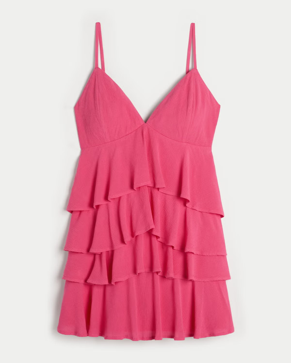 V-Neck Ruffled Tier Babydoll Mini Dress | Hollister (UK)