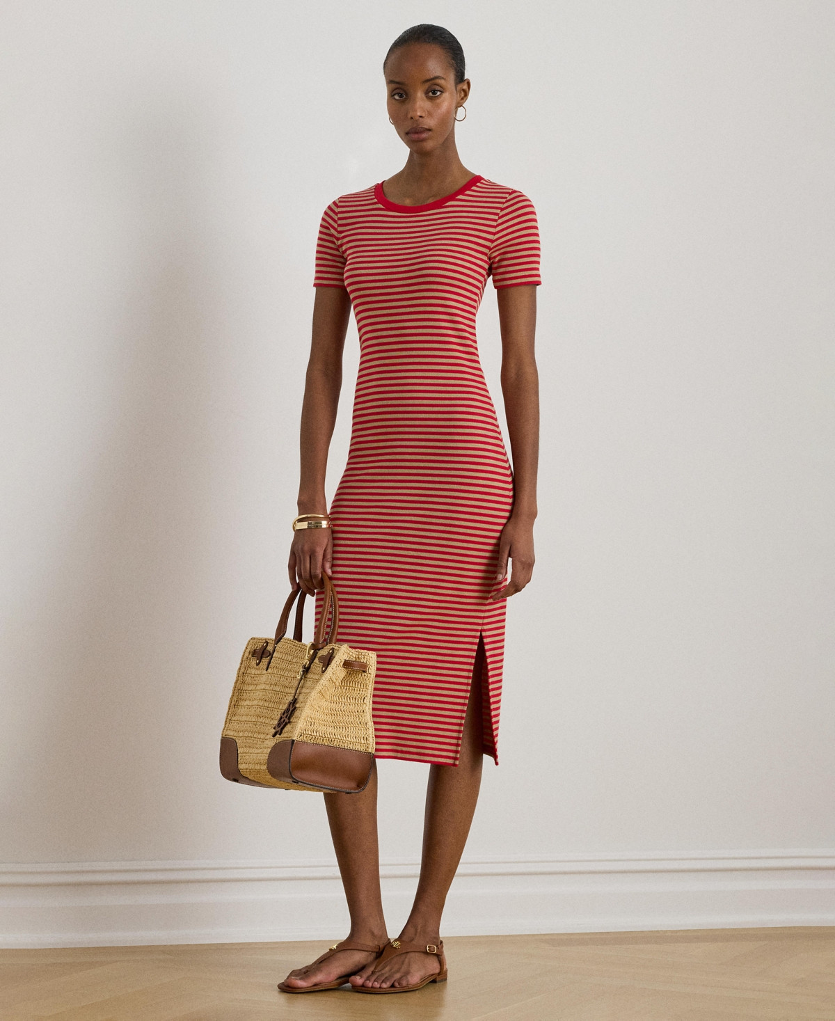 Lauren Ralph Lauren Women's Striped Ribbed Crewneck T-Shirt Dress - Cruise Red/birch Tan | Macy's