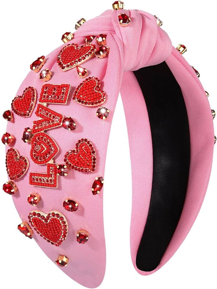 MOLOCH Valentine's Day Headband for Women Beaded Love Heart Knotted Headbands Jeweled Crystal Pin... | Amazon (US)