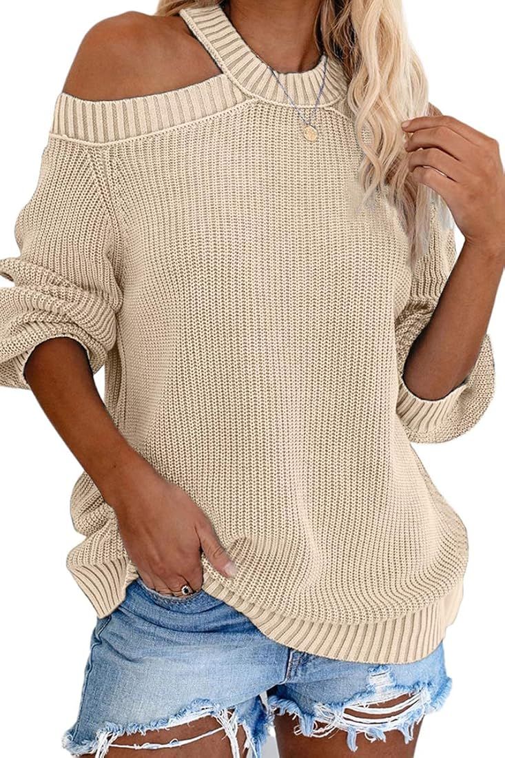 CHYRII Women Cold Shoulder Long Sleeve Sweater Open Back Chunky Knitted Pullover Tops | Amazon (US)