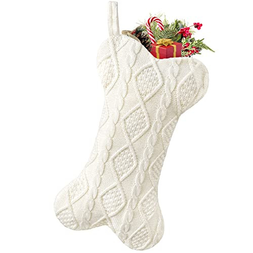 Malier Dog Christmas Stocking, Knit White Christmas Stocking for Dogs, Bone Shape Dog Stocking Christmas Large Pet Stockings Hanging Dog Christmas Stocking for Dogs Cats Pets (White) | Amazon (US)