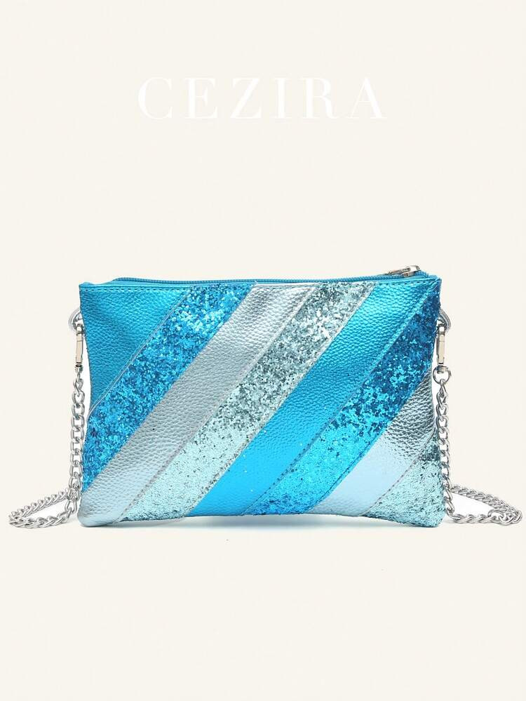 CEZIRA CEZIRA 1 Stuk Glamoureuze Glanzende Pailletten Handtas Dames Metallic Aqua Blauwe Strepen ... | SHEIN