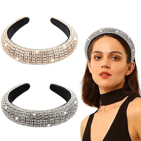 milylove 2PCS Bling Padded Rhinestone Headband Diamond Crystal Beaded Wide Headband Bejewelled Ha... | Amazon (US)
