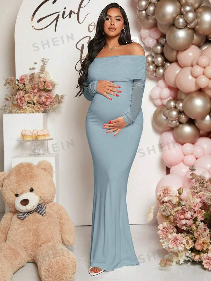 SHEIN Maternity Foldover Off Shoulder Mermaid Hem Dress | SHEIN