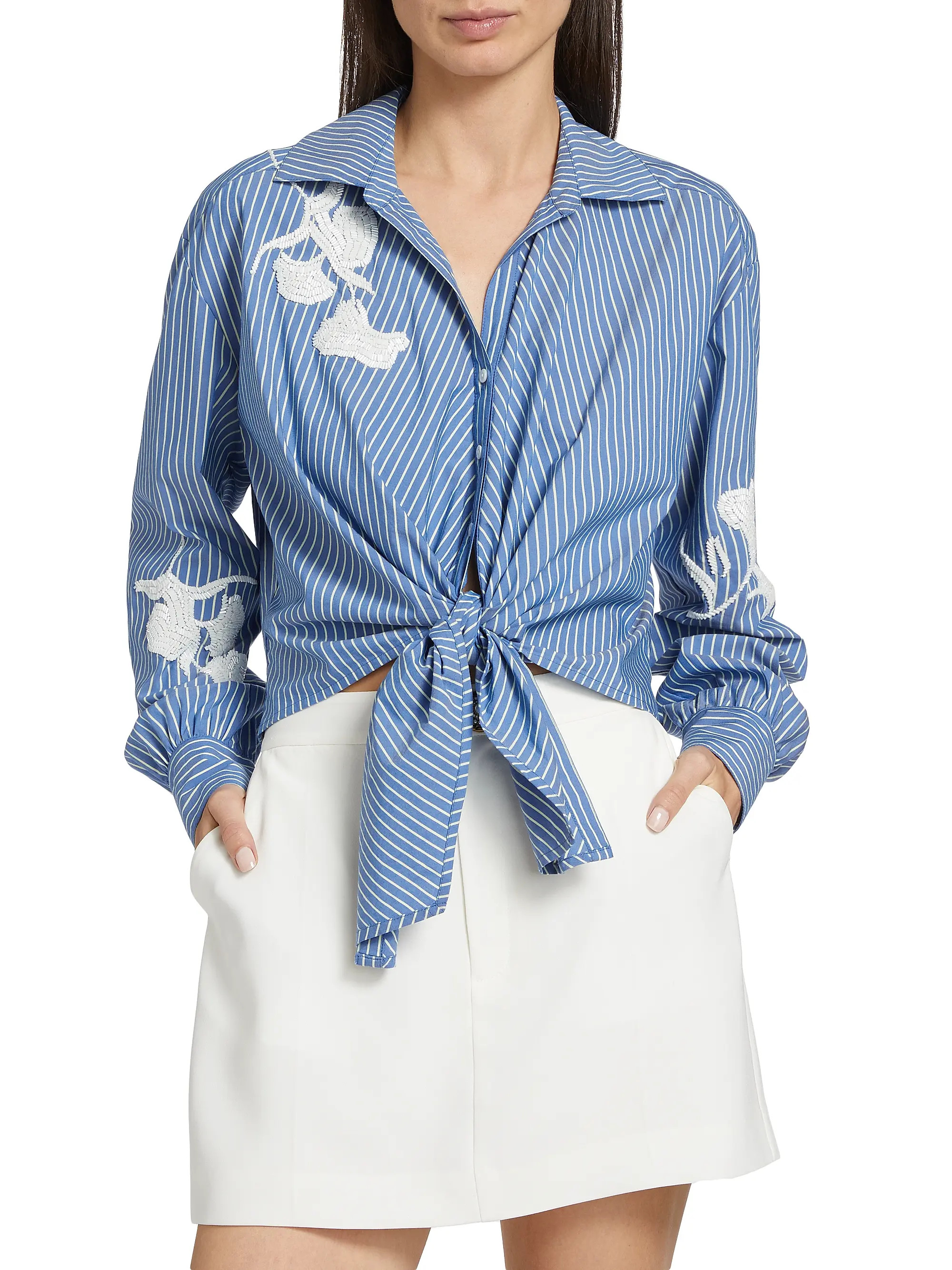 Marianna Stripe Embroidered Tie Blouse | Saks Fifth Avenue