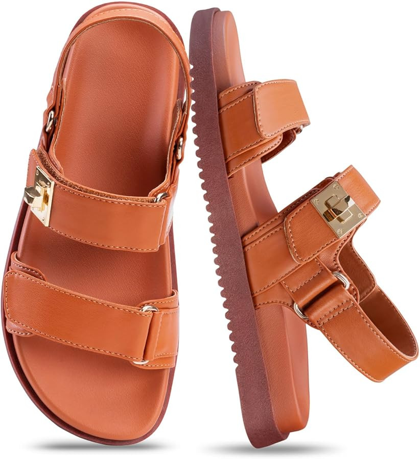 FITORY Women's Flat Sandals Classic Adjustable Double Strap with Cushioned Footbed for Summer Siz... | Amazon (US)