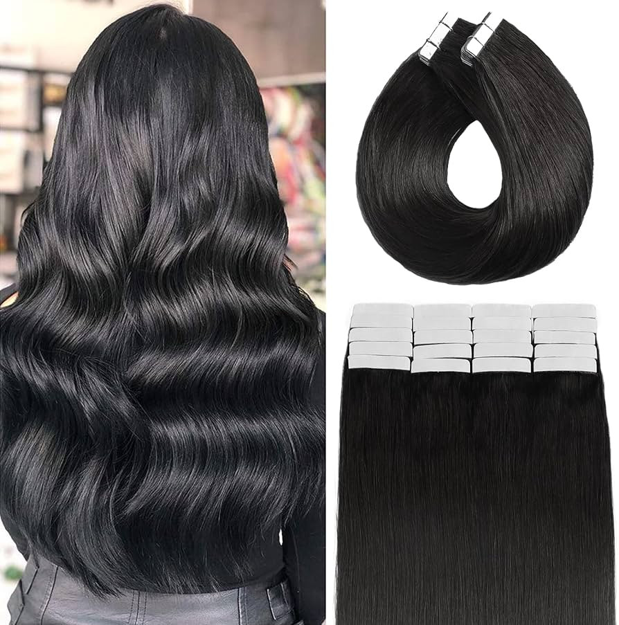 Hair Extensions Tape in Human Hair Extensions Natural Black 22Inch 20 Pieces 50g Tape In Hair Ext... | Amazon (US)