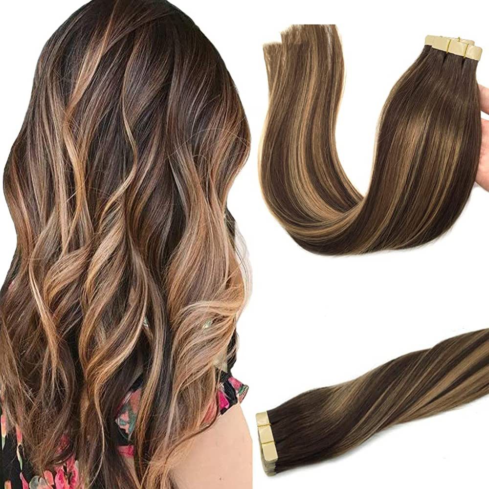 GOO GOO Remy Hair Extensions Tape in Human Hair Chocolate Brown to Caramel Blonde Balayage Straig... | Amazon (US)