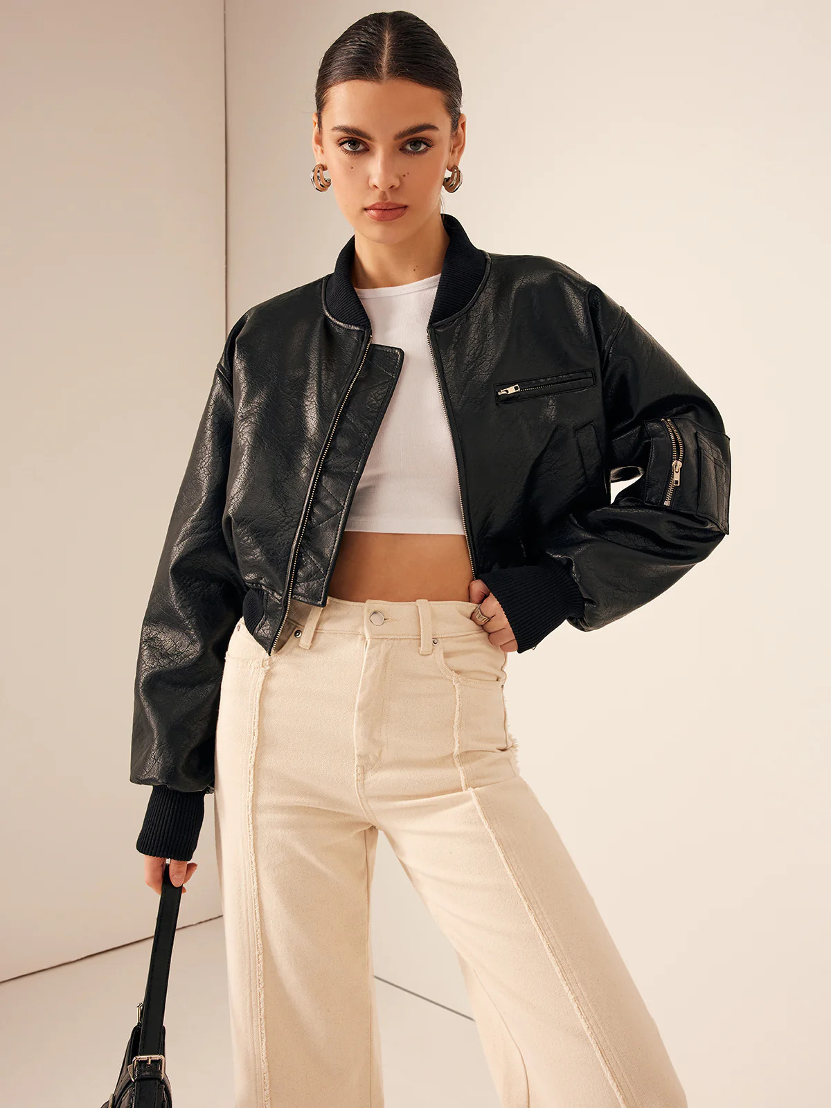 Zip Pockets PU Leather Short Jacket | Commense