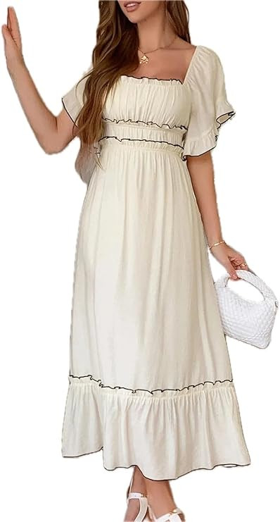 Women's Square Neck Puff Sleeve Maxi Dress with Ruffle Trim and Zipper 75% Viscose 25% Polyamide Imported in Stock | Amazon (US)