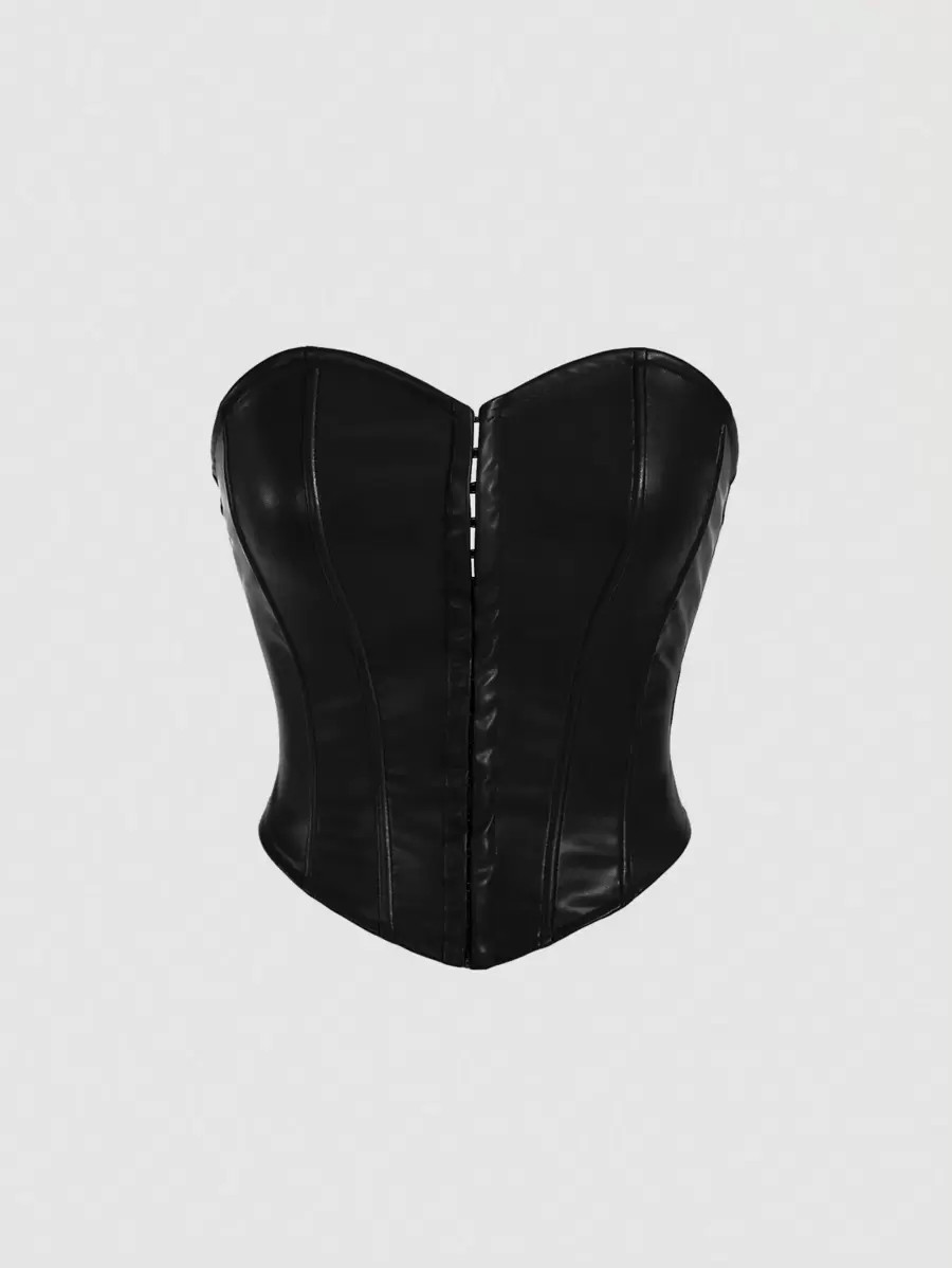SHEIN x Marika Sila SHEIN MOD Solid Center Front Button Decoration PU Leather Black Tube Top | SHEIN