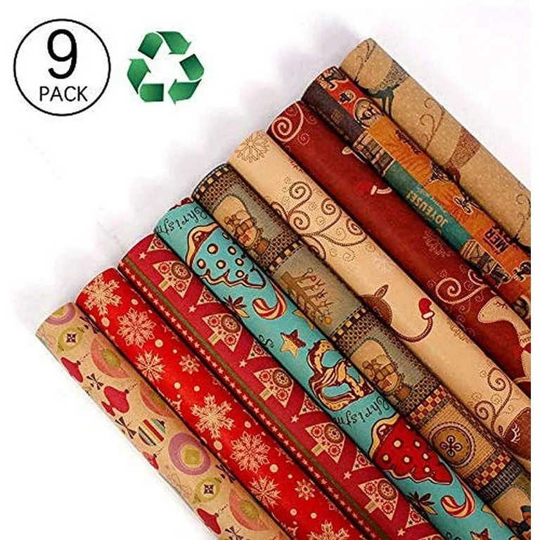 Christmas Wrapping Paper, Holiday Wrapping Paper, 9 Pack Brown Kraft Paper, Snow, Christmas Tree,... | Walmart (US)