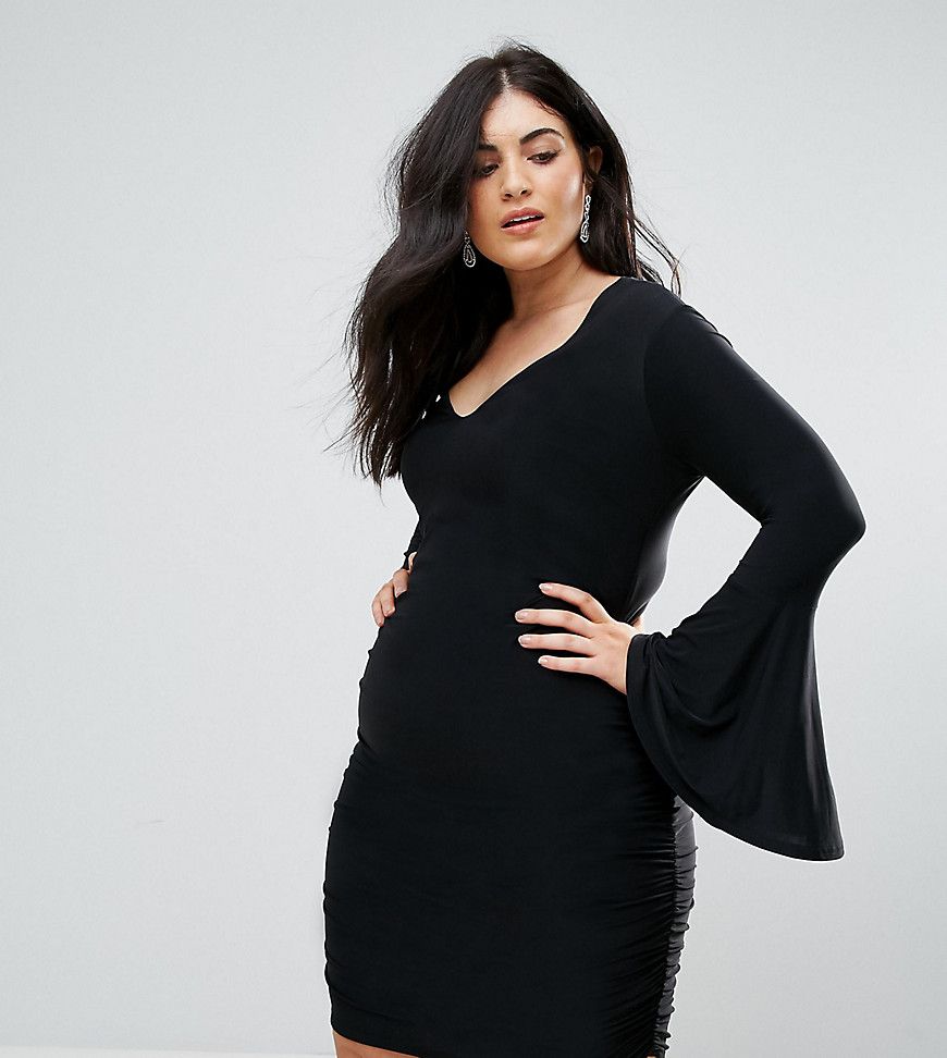 Club L Plus Long Fluted Sleeve Ruched Mini Bodycon Dress - Black | ASOS US