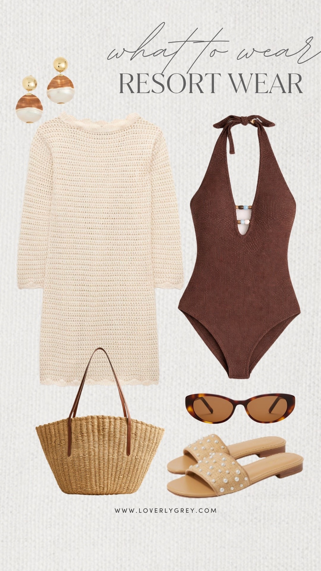 What to wear for a resort wear look! I love this brown swimsuit with the beaded detailing in the middle! I’d layer this crochet cover up on top and pair it with a raffia tote, a pair of sandals, and some sunglasses to complete the look. Loverly Grey, what to wear, resort wear

#LTKootd #LTKdayinmylife #LTKSeasonal