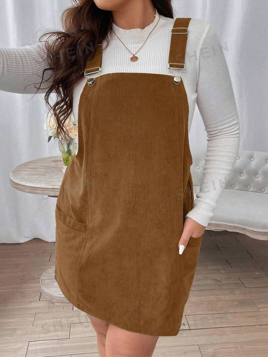 SHEIN EZwear Plus Patched Pocket Corduroy Overall Dress Without Tee | SHEIN