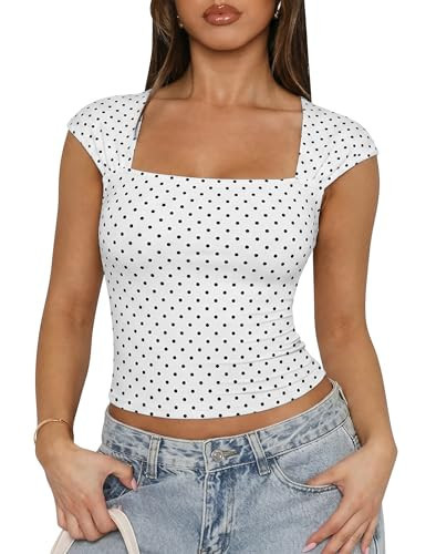 Women's Polka Dot Top Square Neck Crop Tank Cotton Shirt Summer Y2K Babydoll Top White | Amazon (US)