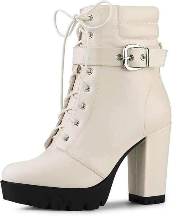 Allegra K Women's Platform Ankle Boots Lace Up Block Heels Combat Boots | Amazon (US)