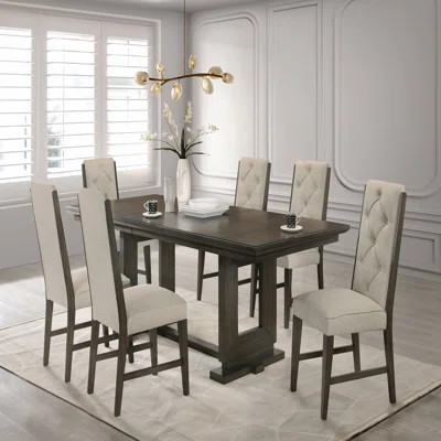 Rectangular 18" Leaf Dining Table Trestle & Pedestal Base Beige Fabric Upholstered Button Tufted Chairs Wooden Contemporary Modern, Extendable | Wayfair North America